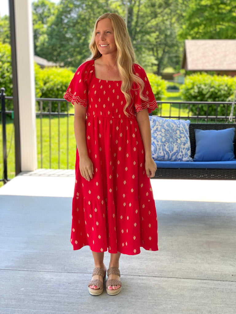 red smocked midi dress Red Smocked Midi Dress