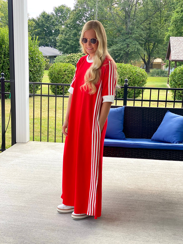 adicolor classics 3-stripes maxi dress red adidas Originals Adicolor V-Neck Maxi Dress Red