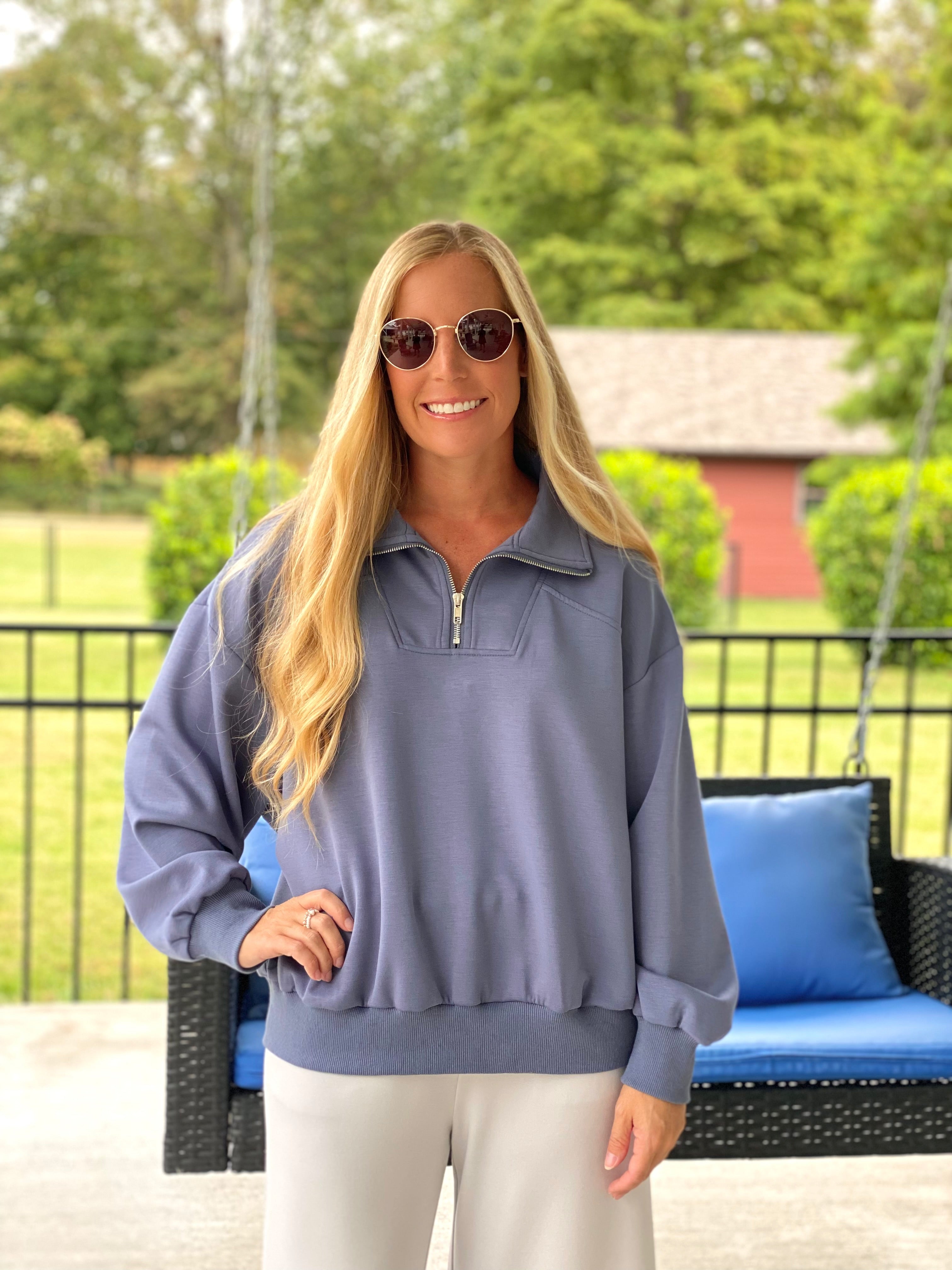 Dusty Blue Quarter Zip Top | Bonnie Rae Boutique