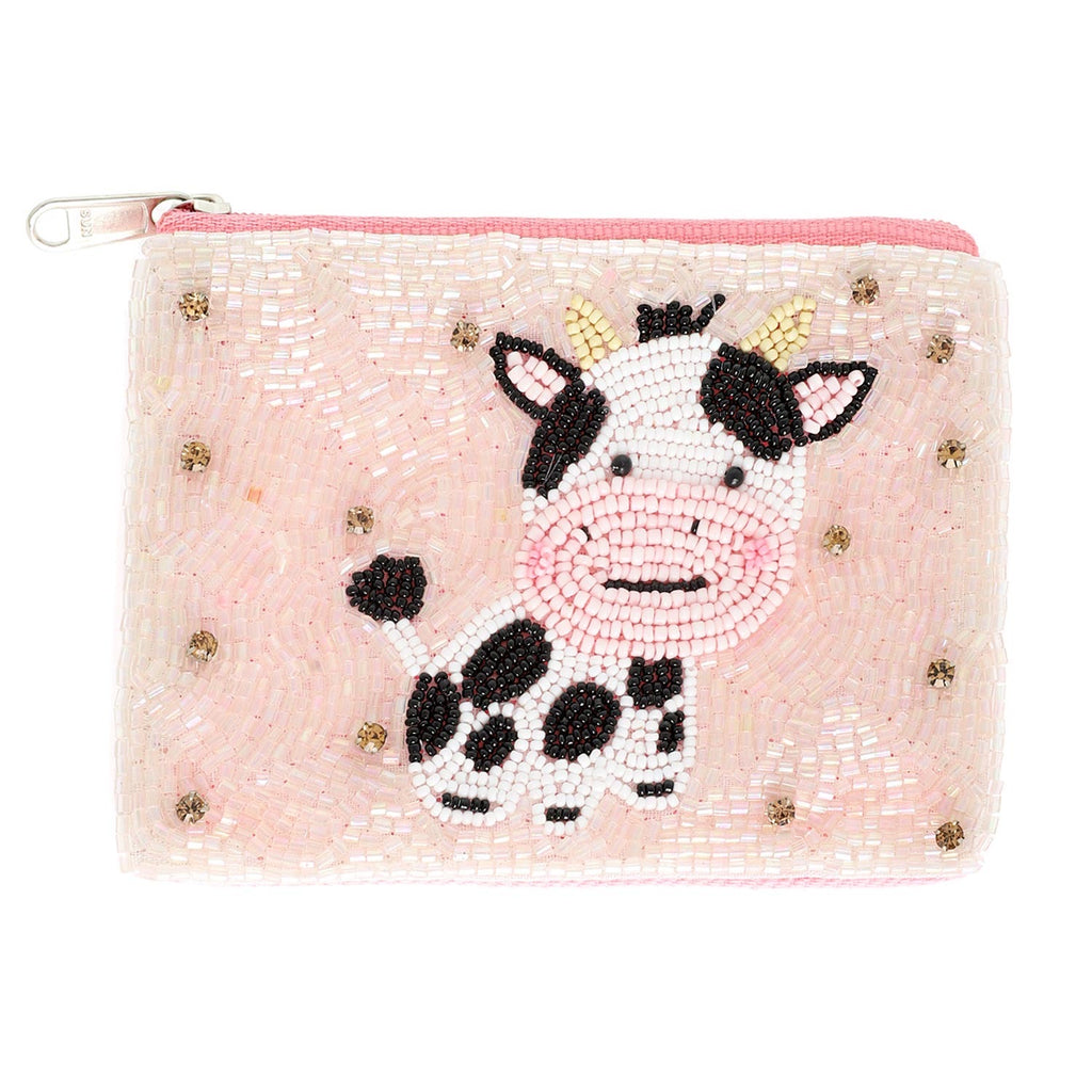 Pink Cow Beaded Coin Bag
