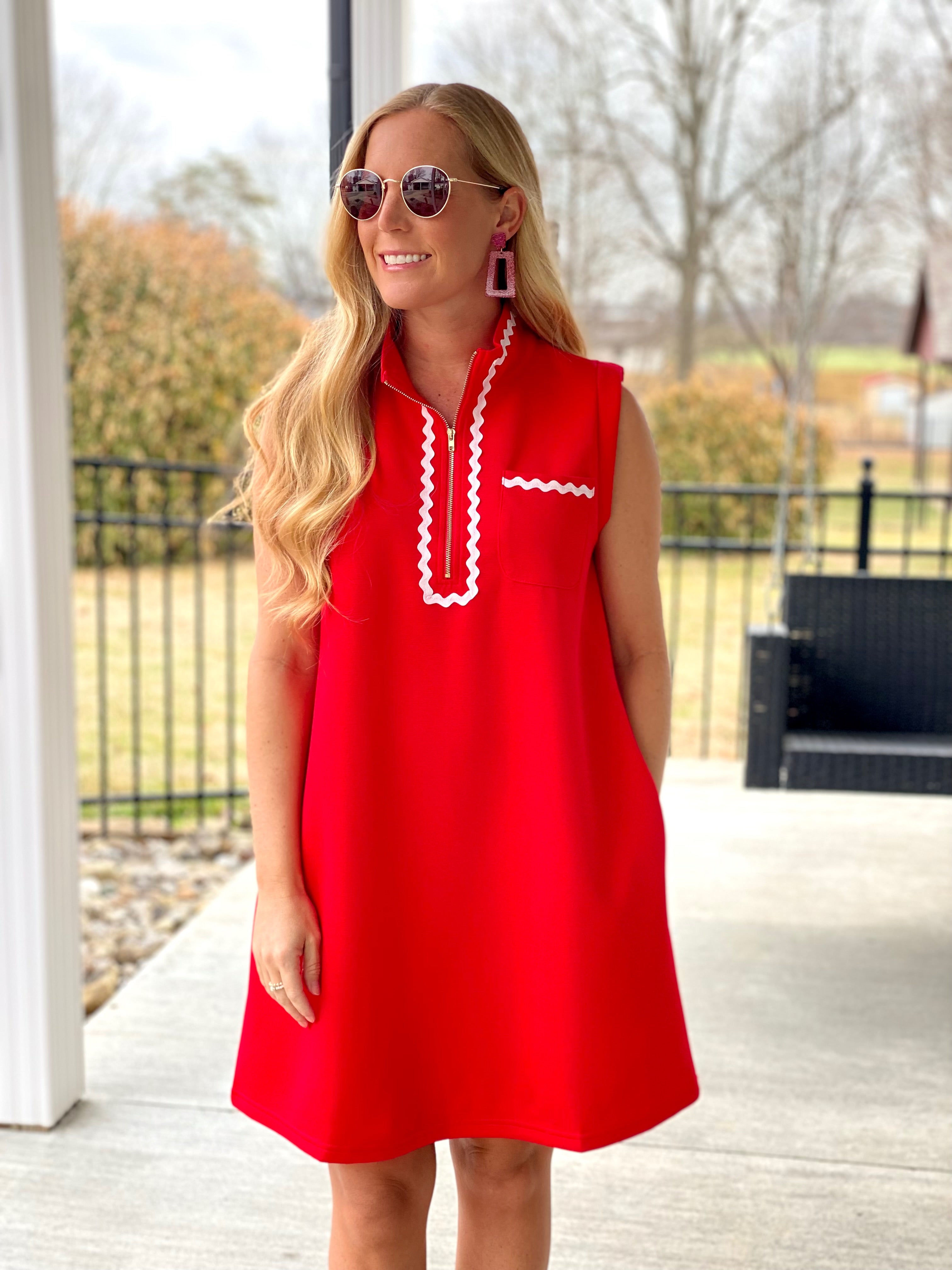 red ric rac dress Red Pink Ric Rac Detail Midi Dress Confetti Boutique