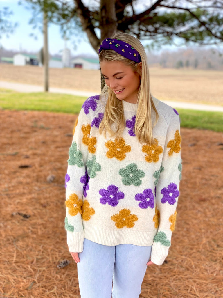 Mardi Gras Floral Embroidered Sweater