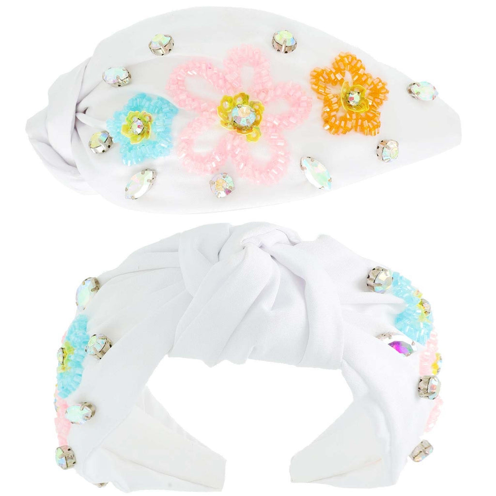 White Multi Color Floral Beaded Headband
