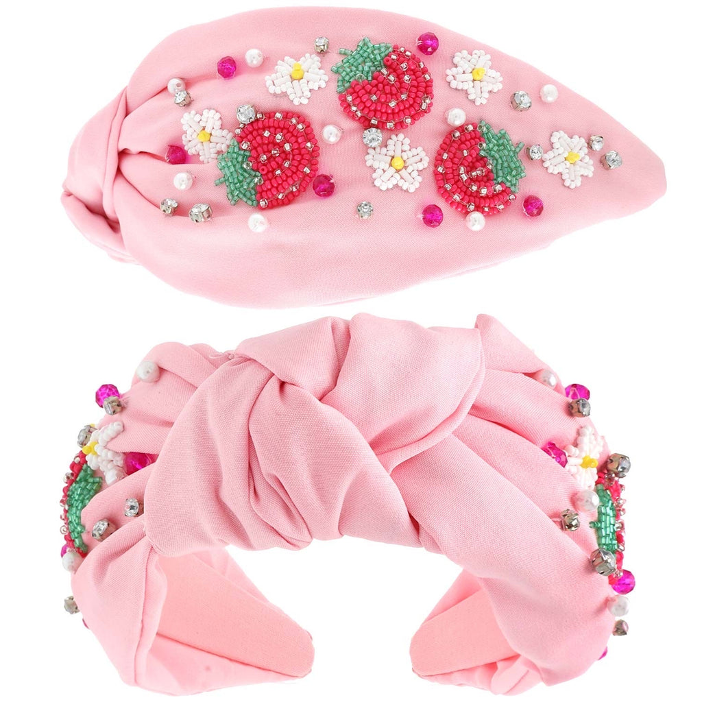 Pink Strawberry Floral Beaded Headband