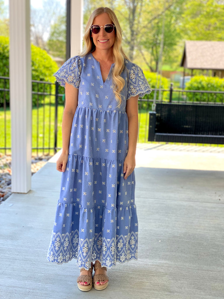Blue Embroidered Midi Dress