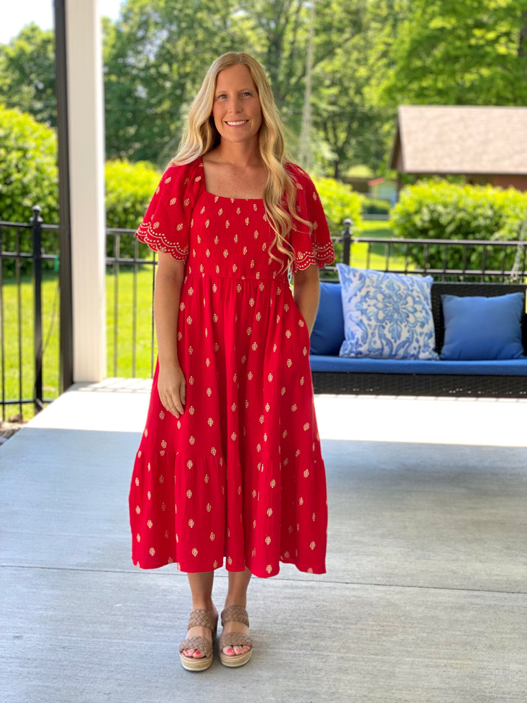 red smock midi dress Smocked 2023 Daily Deals - Day 13 Crafted in crisp DÔEN Marianne Smocked Midi-Dress Ship From:China