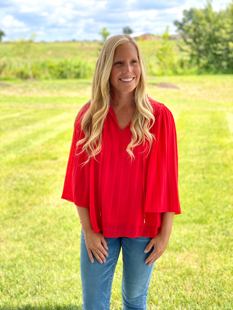 Coral Red Pleated Top