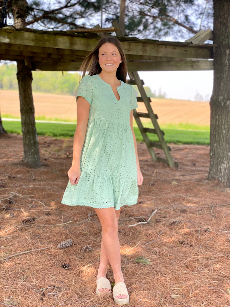 sage green eyelet dress ASOS DESIGN eyelet puff sleeve midi tea dress with shirred waist in sage green