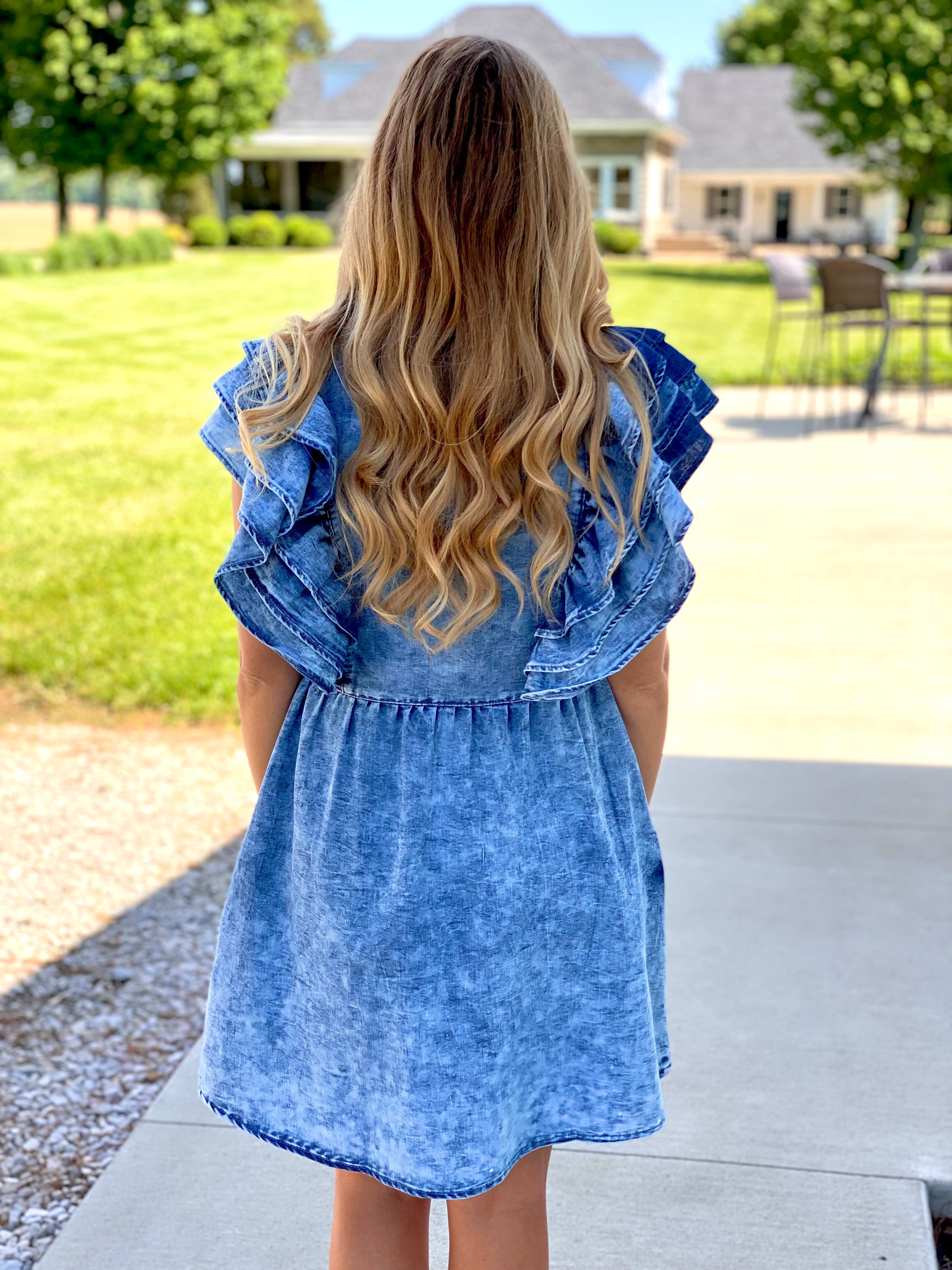 denim dress with frills Solid Blue Women Denim Midi Dress with Ruffle Hem XL main image 1