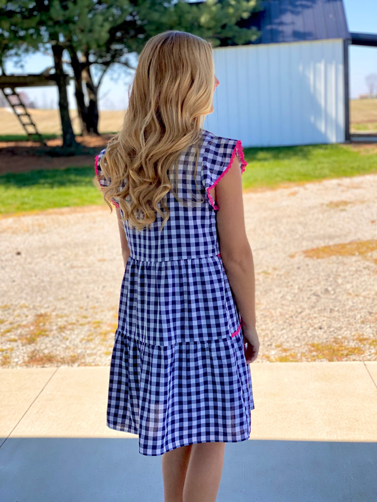 Navy Gingham Tiered Dress